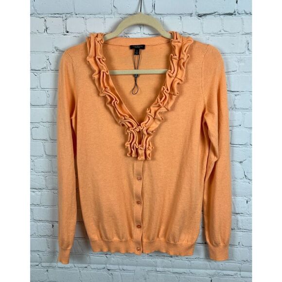 TALBOTS peach beige cotton blend frill V-neck button down cardigan sweater S - Picture 1 of 6